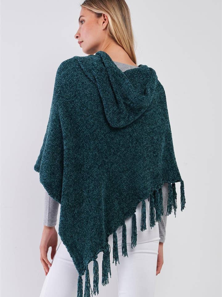 Green Chenille Knit Tassel Fringe Side Trim Hooded Poncho for wholesale on Faire1