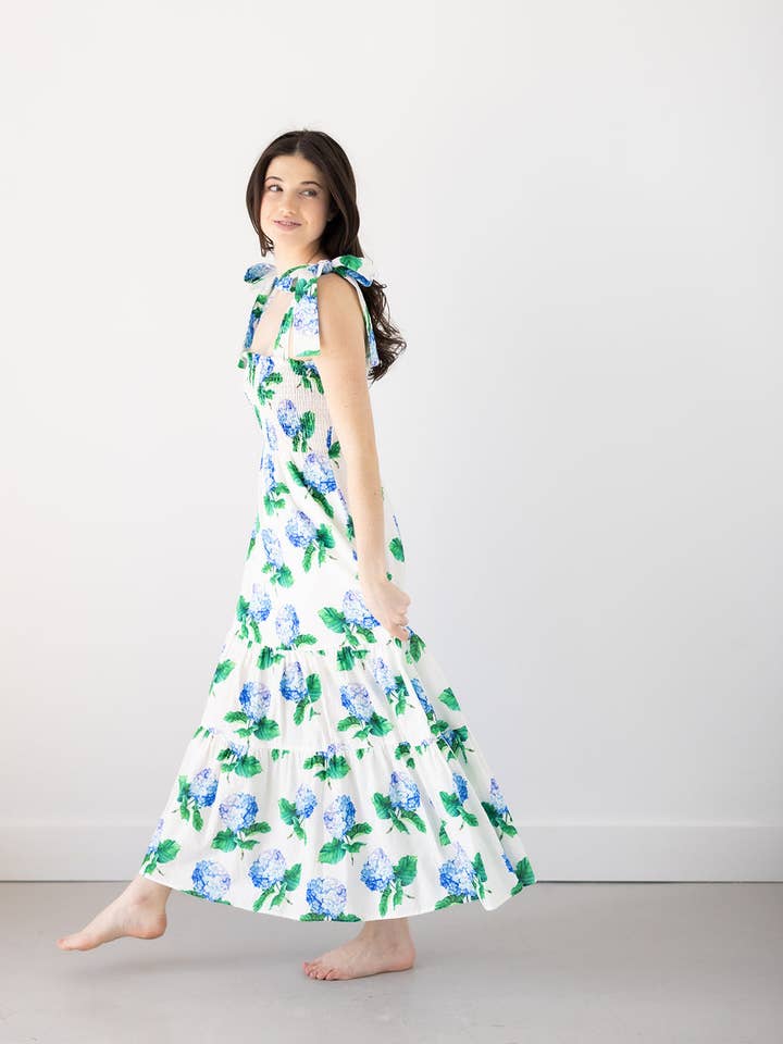 Kathleen Maeve - Wholesale Dress - Women's - Emma Bow Maxi Dress | Bright Blue Hydrangeas2