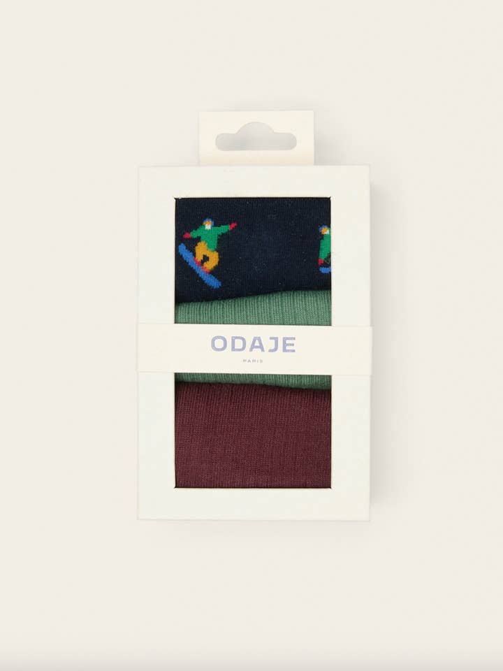 3-Pack Socks - Navy Green Burgundy Snowboarder for wholesale by ODAJE