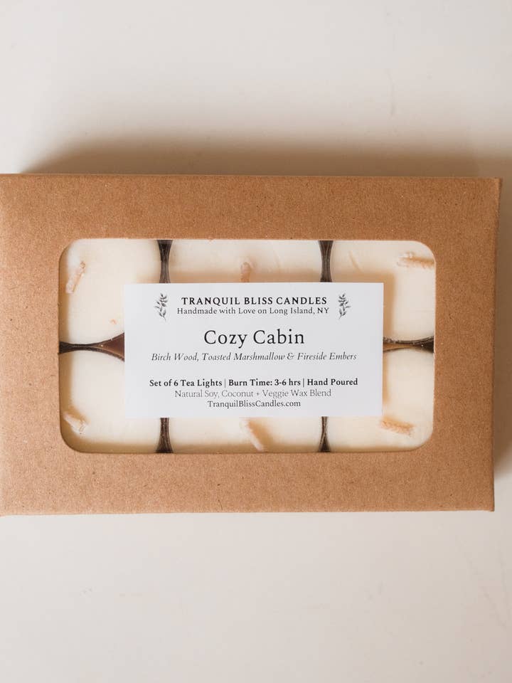 Cozy Cabin Tealights for wholesale by Tranquil Bliss Candles