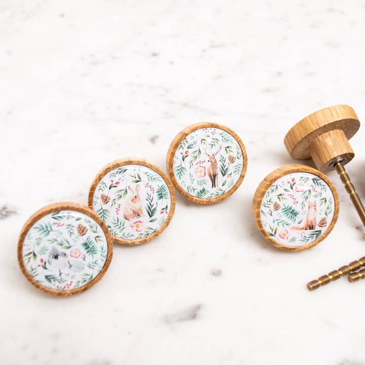 Set of 4 woodland print animal Knobs, wooden handle nursery for wholesale by Lelloliving