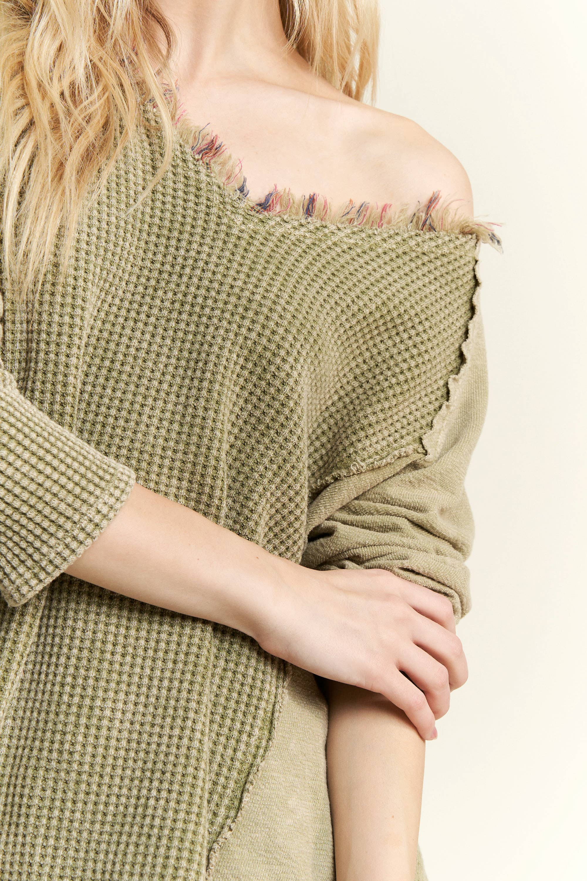 J.Her - Wholesale Knit Top - Women's - MineralWash Frayed stripe Waffle Melangie knittop  HT59116