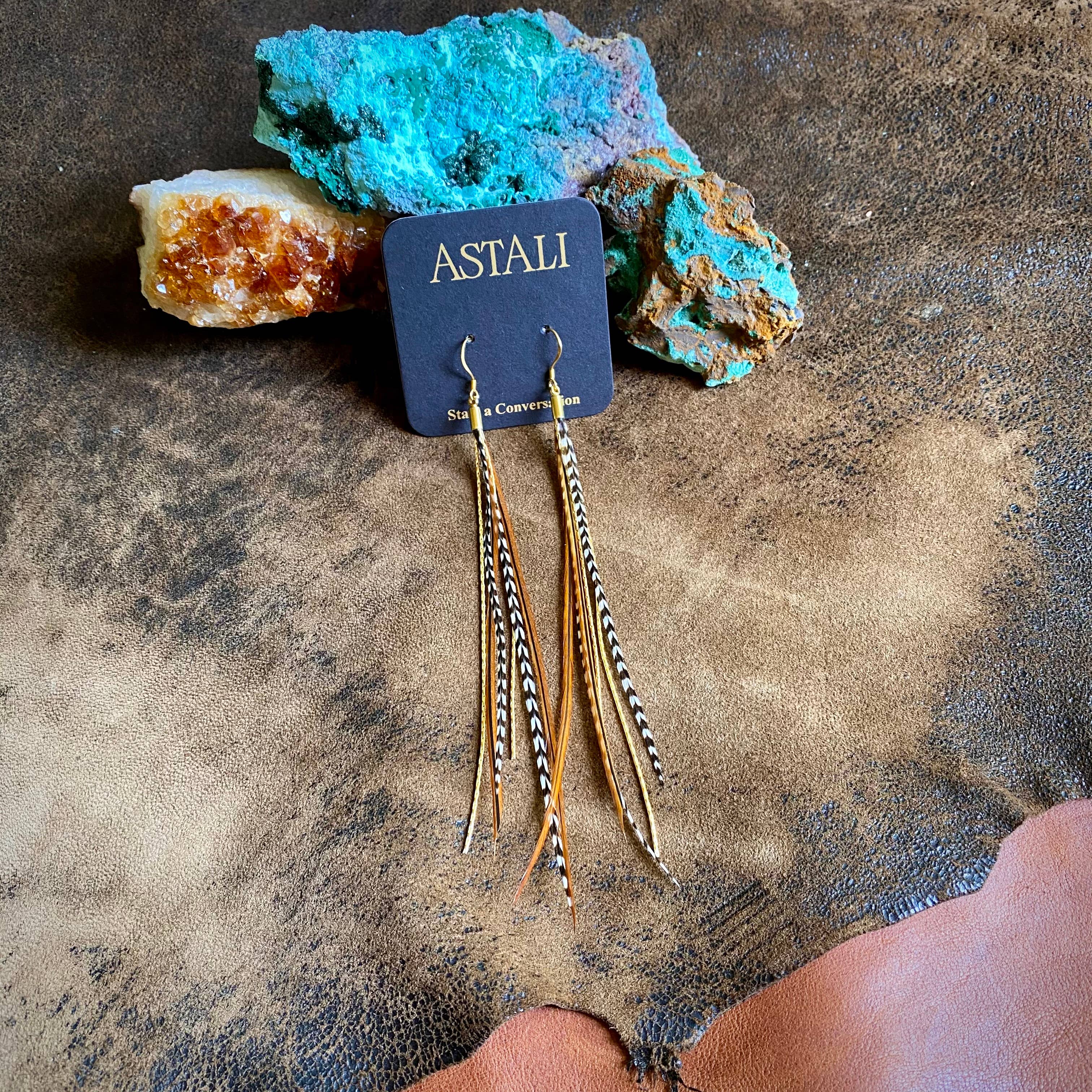 ASTALI - Wholesale Tassel Earrings - Mini Feather Earrings - Grizzly & Fawn/Gold, Boho Western7