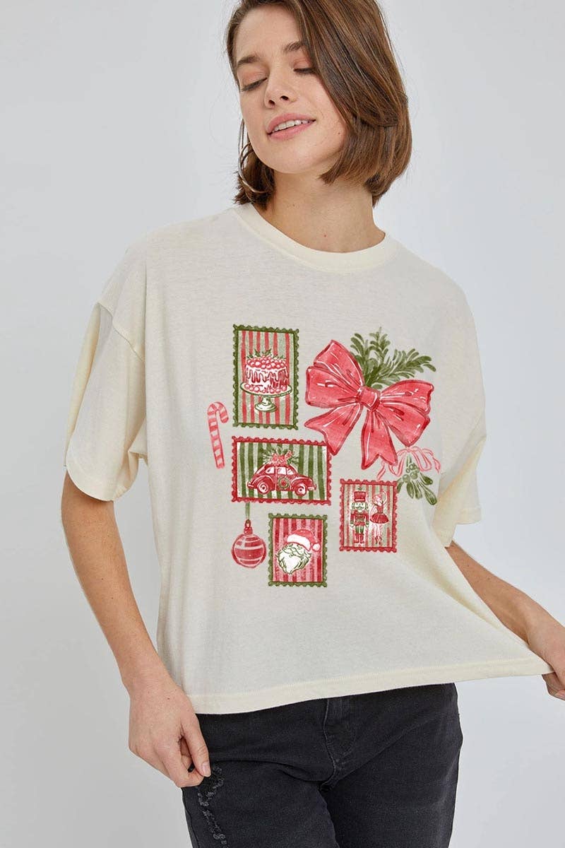 COLORBEAR - Wholesale T-Shirt (Graphic) - Women's - Christmas Stamps Graphic Relaxed Crop Top2