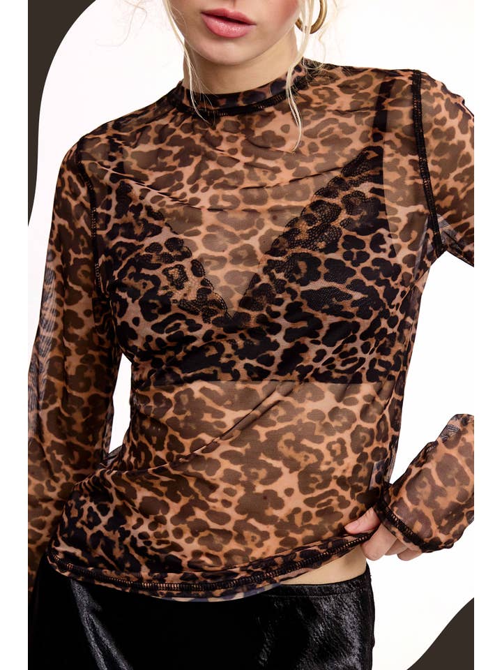 La Miel - Wholesale T-Shirt - Women's - JDT7709-Semi Sheer Leopard Printed Long Sleeve Mesh Top19