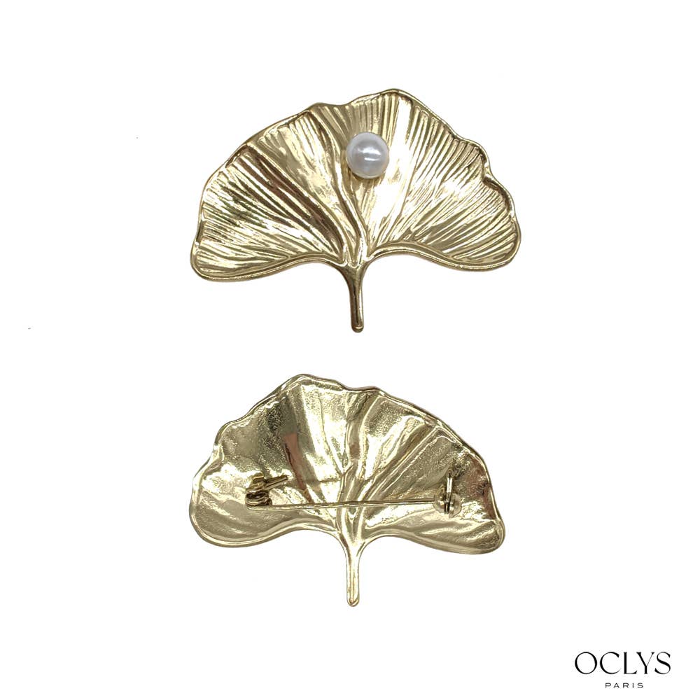 Oclys - Vente Broches - Broche feuille de ginkgo perle acier inoxydable doré Osaka1