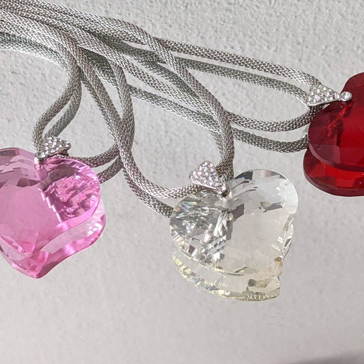 Colar de coração vermelho, rosa pingente de cristal corrente de malha de prata por atacado de Fiona Accessories