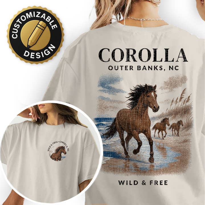Camiseta Corolla Outer Banks, Camiseta Playa de Caballos Salvajes, Camiseta Souvenir de Carolina del Norte, Top Gráfico de Naturaleza Costera para venta al por mayor de Textile Graphix