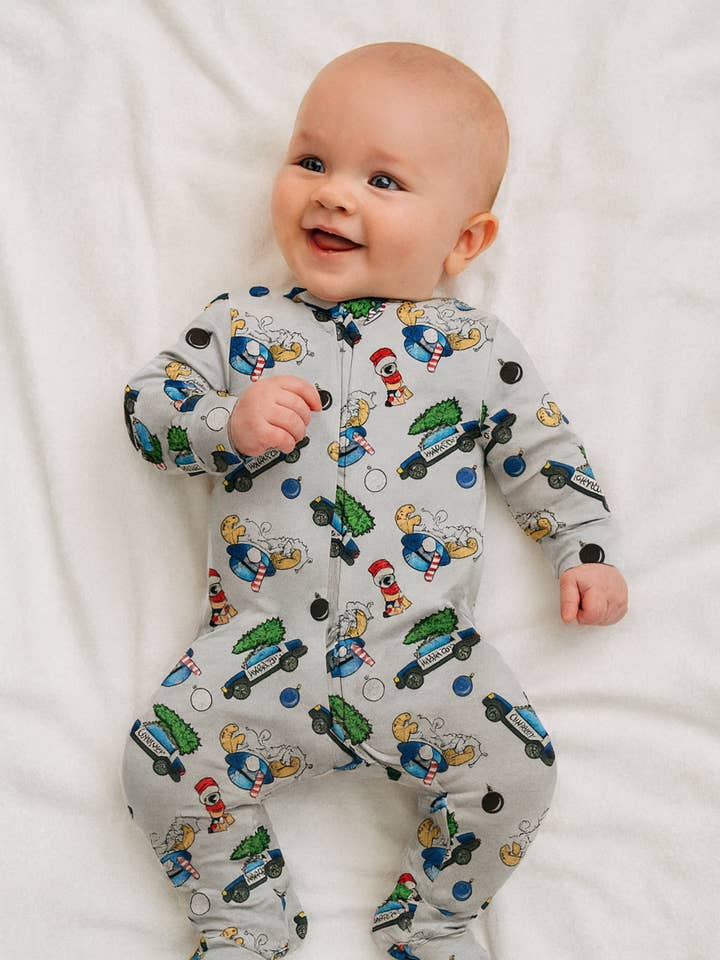 Bamboo Zipper Footie, Christmas Police for wholesale by Miller & Co.