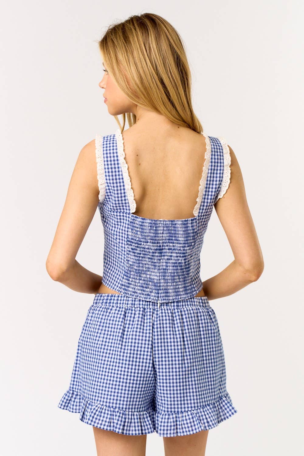 Blue Blush - Wholesale Blouse - Women's - Gingham Lace Crop Top4