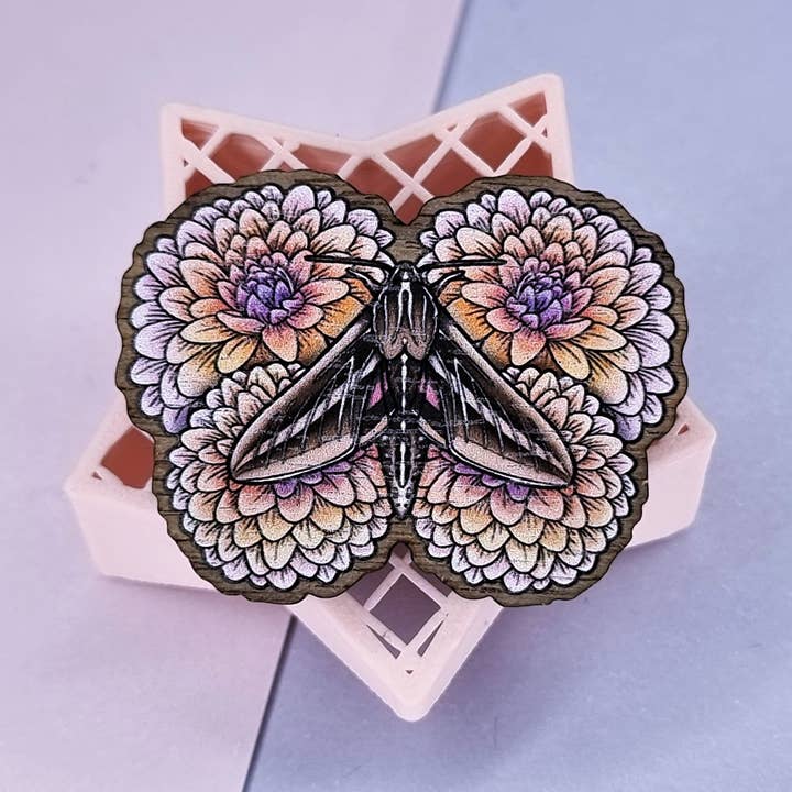 Moth and dahlias wooden pin | Transparent | Stationary for wholesale by FuzziesArtDesigns