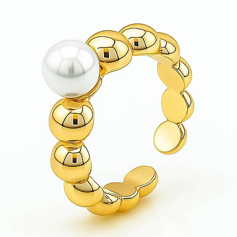 Gold Plated Beaded Ring with Imitation Pearl – Adjustable Size 6/7 for wholesale by Sedy Jewelry