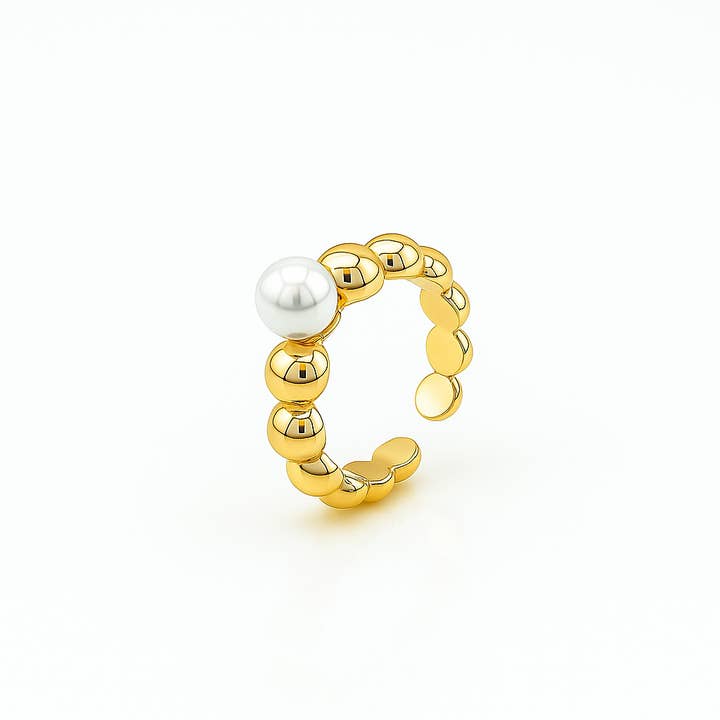 Gold Plated Beaded Ring with Imitation Pearl – Adjustable Size 6/7 for wholesale by Sedy Jewelry