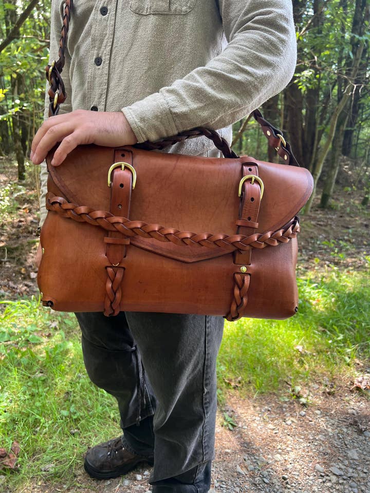 Personalized Braided Leather Messenger Bag for wholesale by Frost & Ember Creations, LLC