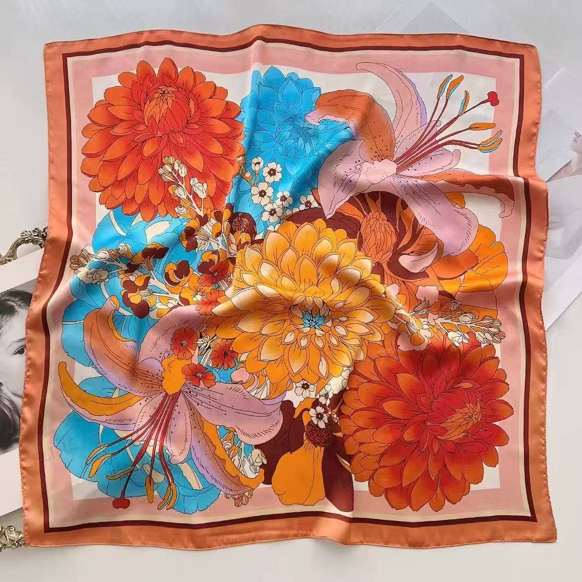 COSMOS - Wholesale Scarf - Women's - Exotic Floral Square Scarf 70x70 Colorful Satin Touch Silk2