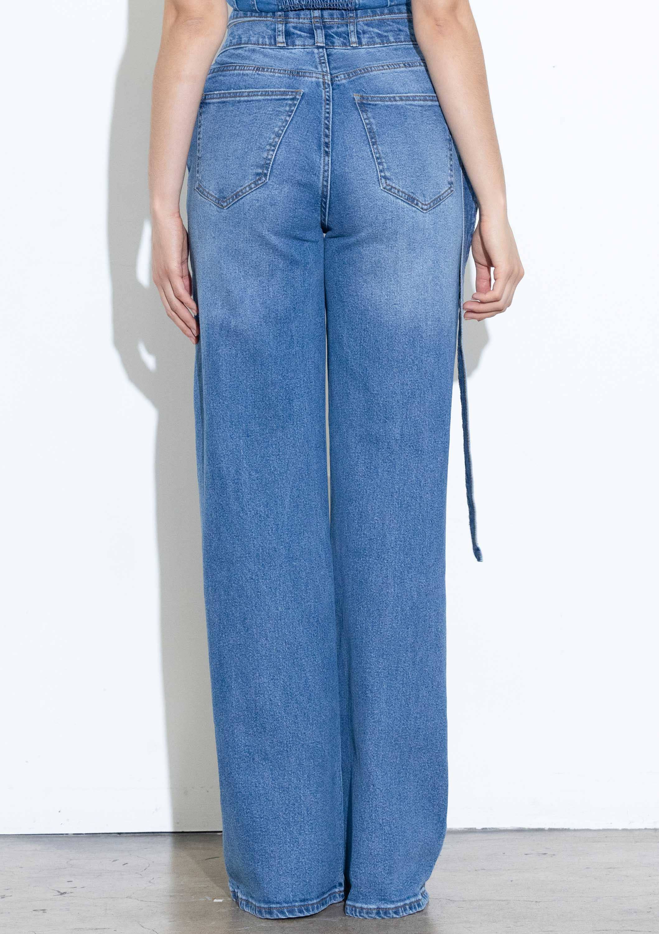 Medium Stone Crossed Waist Belt Line Wide Leg Jeans for wholesale on Faire5