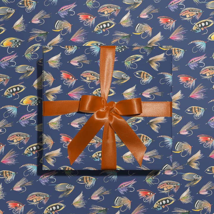 Papel de embrulho com moscas de pesca em azul, 50x70cm por atacado de By Antonia Illustration