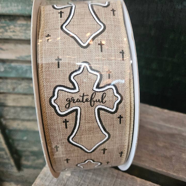 Natural Ribbon with Crosses 2.5"×50Y Ribbon for wholesale by TCW