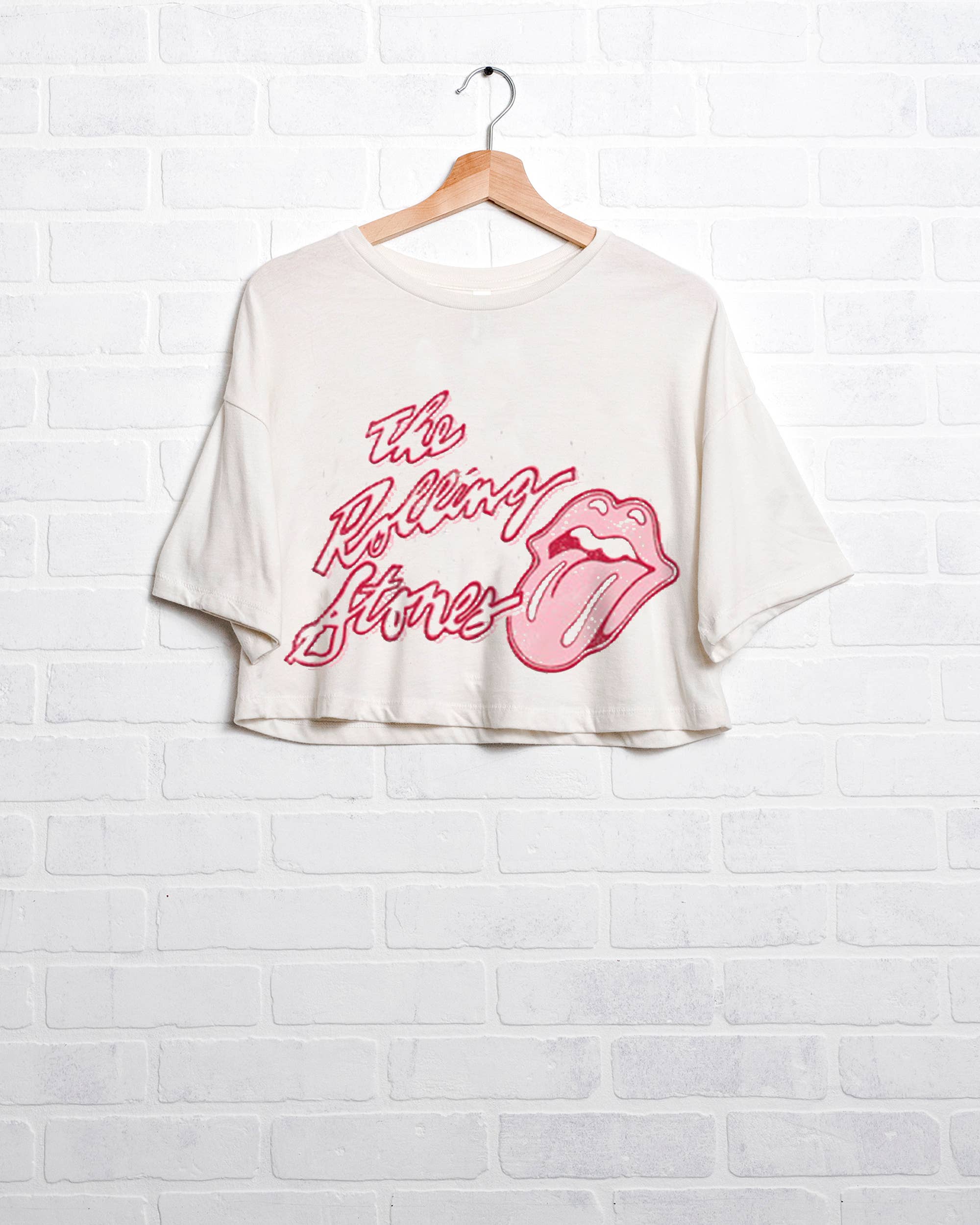 LivyLu - Wholesale Screen Printed T-Shirt - Women's - Rolling Stones Malibu Puff Ink Off White Cropped Graphic Tee1
