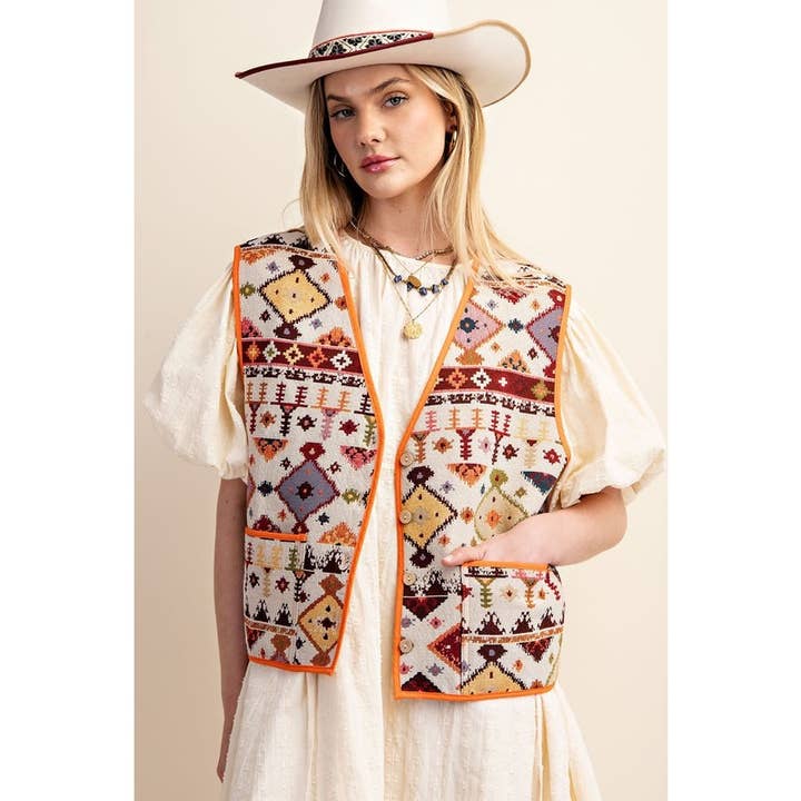 STYLE USA - Wholesale Outerwear Vest - Women's - Geometric Contrast Binding Vest