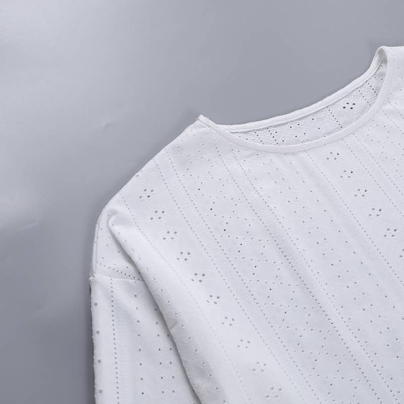 Rosa Clothing - Wholesale Lounge Set - Women's - Eyelet basic long sleeve overfit loose tee lounge shorts set19