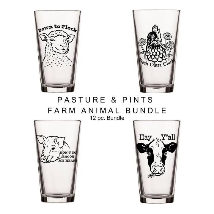 Ensemble de verres à pinte – Motifs de poulet, vache, cochon et mouton pour la vente par Two Little Fruits