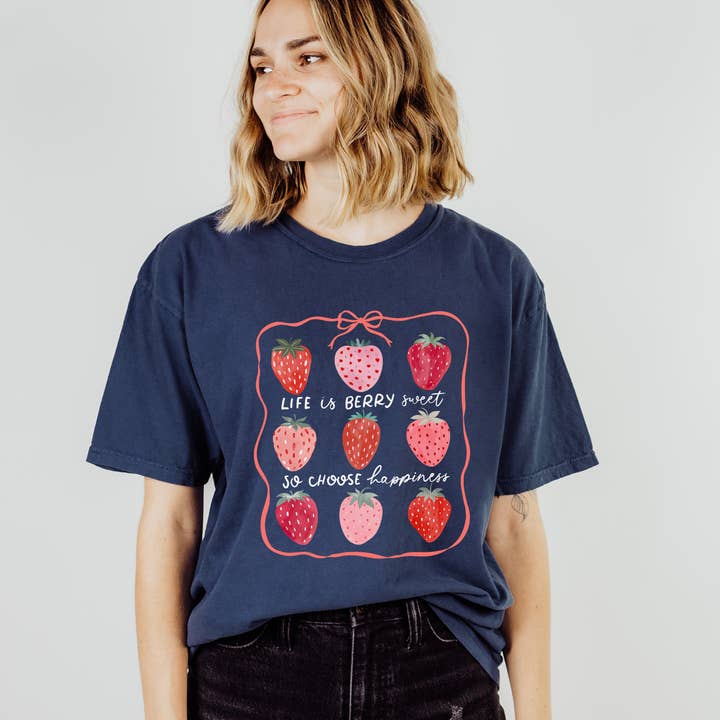 Scripted Pearl - Wholesale Screen Printed T-Shirt - Women's - Life Is Berry Sweet Strawberries Comfort Colors T Shirt6