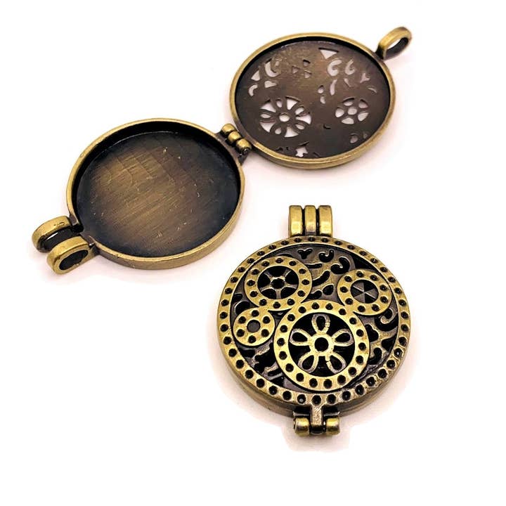 Bronze Gear Aromatherapy Essential Oil Diffuser Lockets, 33x45mm for wholesale by Guerrilla Charm