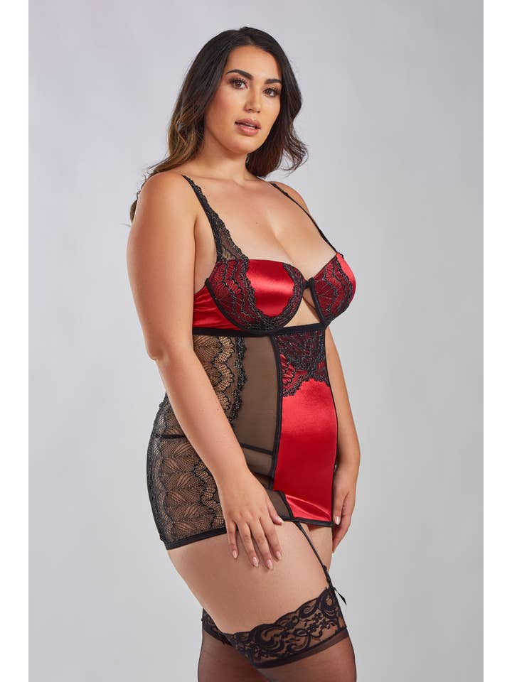 Rot-Schwarz Bestseller - Provence 2-teiliges Chemise-Set mit geformten Cups Dessous für den Großhandel auf Faire2
