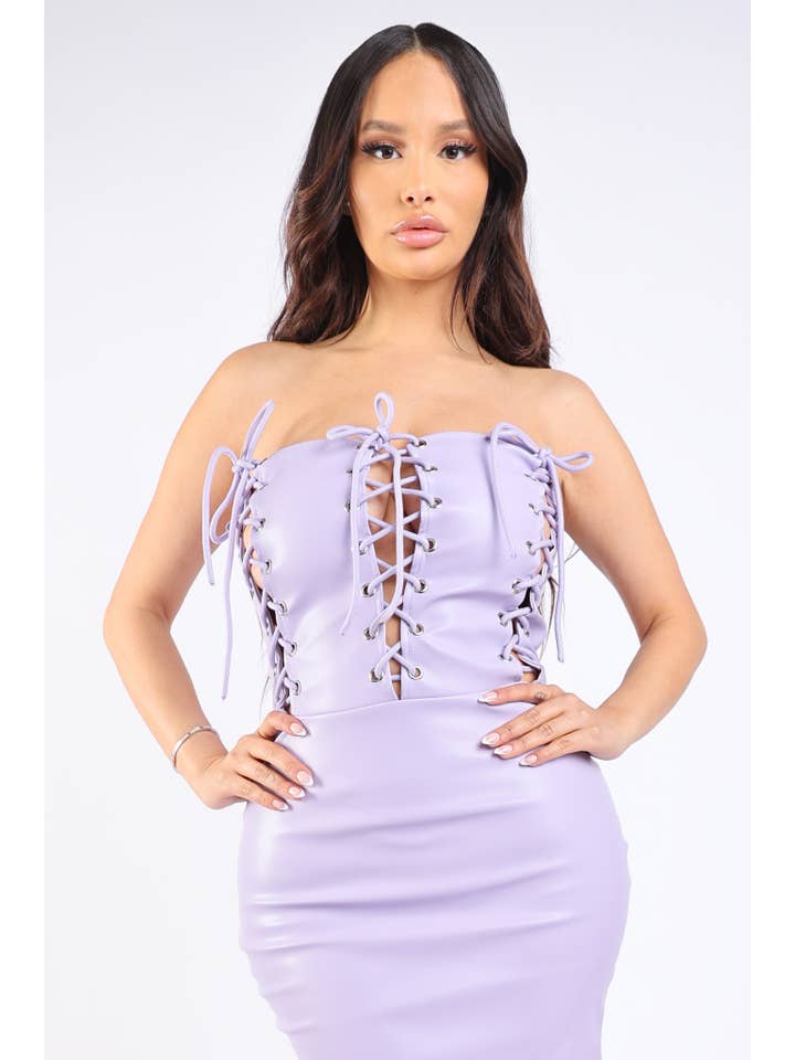 K Too – Großhandel Kleid – Damen – Detailliertes PU-Tubekleid mit Schnürung