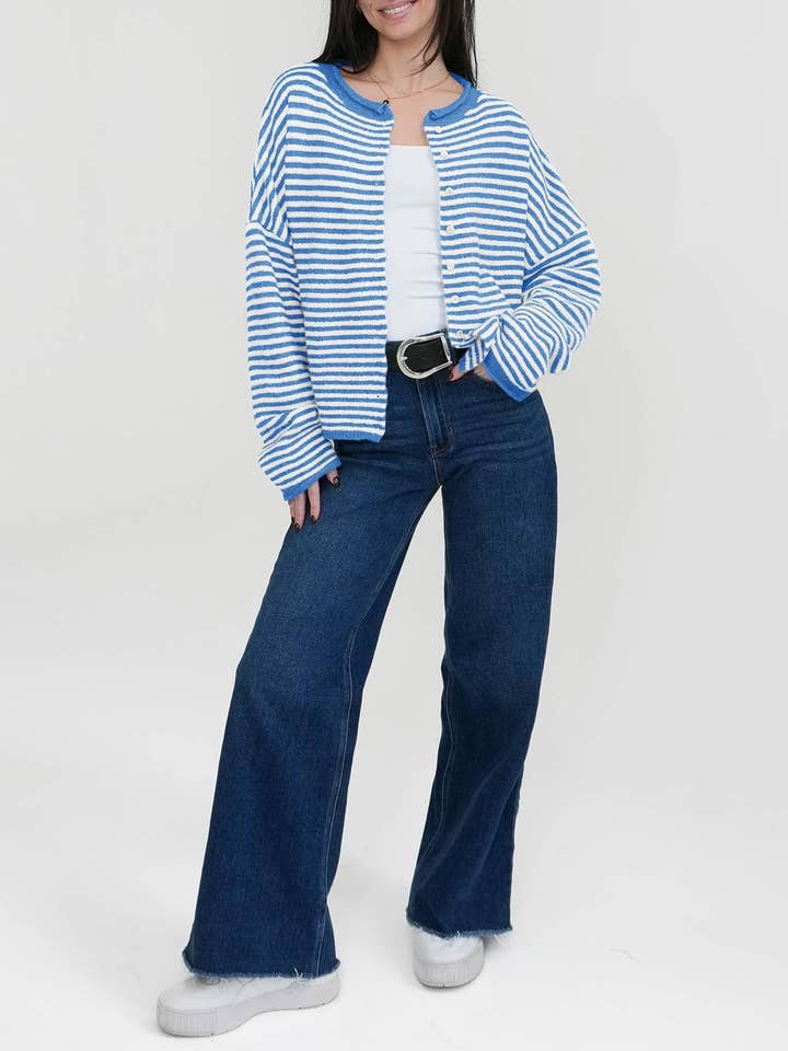 Suhkasana - Wholesale Cardigan - Women's - Striped Color Block Cardigan Sweater | Long Sleeve Casual Open Front11