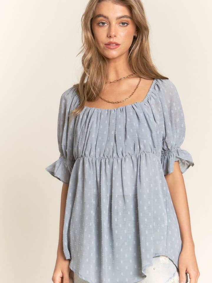 J.NNA - Wholesale Blouse - Women's - Swiss Dot Sinched Baby Doll Top