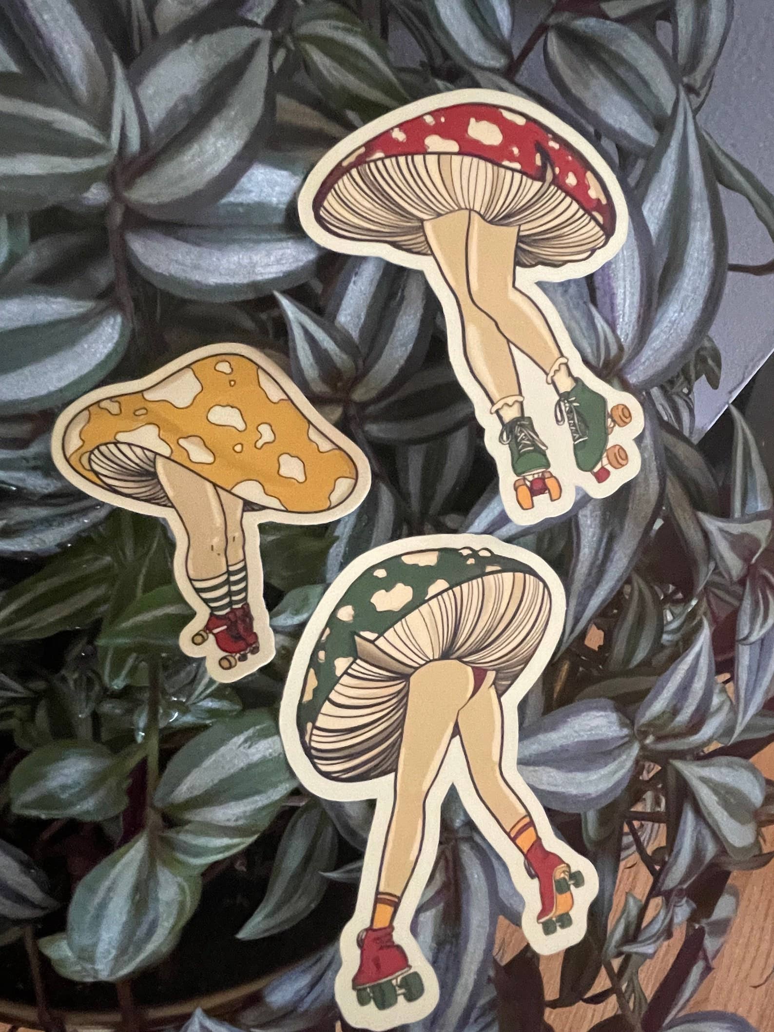 Full Send Studio - Vente Autocollant - Autocollant en vinyle jaune Mushroom Roller Skater1