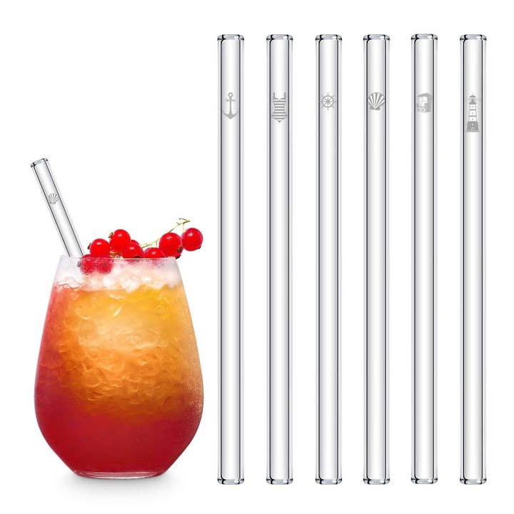 HALM Straws – Palhinha por atacado – Edição de motivos do Mar Báltico gravada canudos de vidro decoração marítima 6 peças6