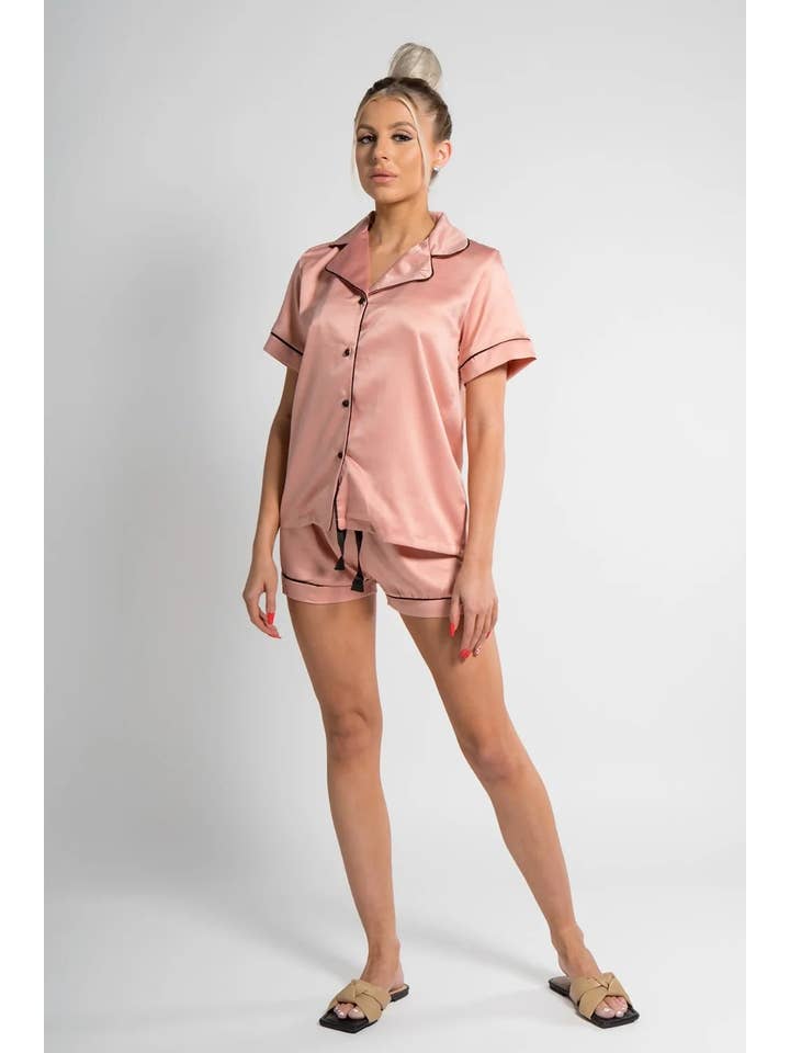 Femme Luxe – wholesale Sleepwear set – Women's – Rose Piped Satin Shorts Pyjama Set - Crystal5