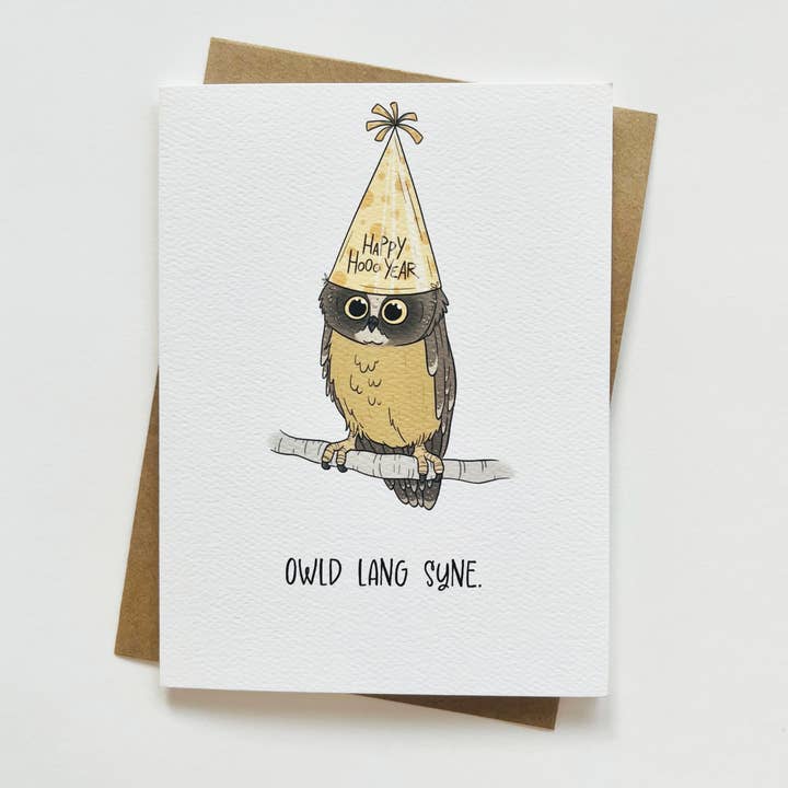 Funny Owl New Year Greeting Card for wholesale by Little Cowboy Cards