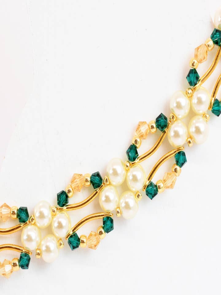 Emerald and Gold Crystal and Pearl Hex Block Link Bracelet for wholesale by Chic Brico