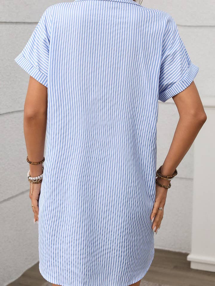 NINEXIS - Wholesale Dress - Women's - CWDSD7263_STRIPED COTTON AND LINEN MIDI SHIRT DRESS