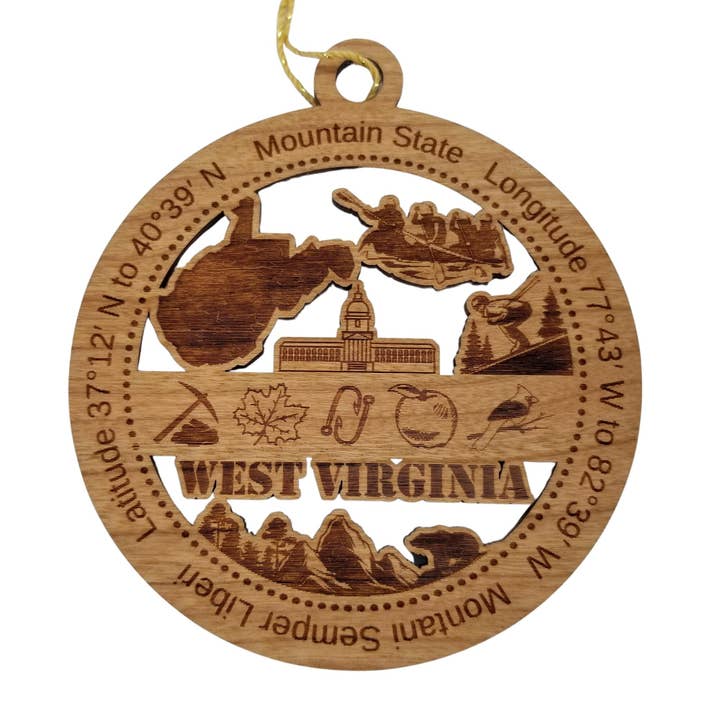 West Virginia Wood Ornament - WV Souvenir - Handmade Wood Ornament Made in USA State Shape Skiing Capitol Building Rowing Boating for wholesale by Happy Wood Products