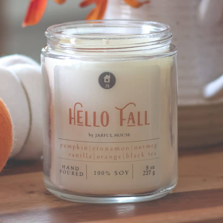 Jarful House - Wholesale Jar/filled candle - Fall Candle Hello Fall - 8 oz | Natural Soy Wax Candle0