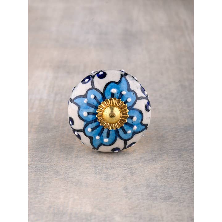 KNOBCO - Wholesale Knob/Pull - Elegant Blue and Turquoise Floral Design Ceramic Cabinet Drawer Knob