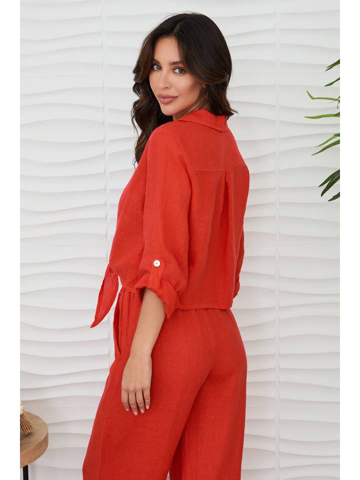 MILIO MILANO - Wholesale Blouse - Women's - LINEN CROPPED TIE BLOUSE (707001-SOLID LINEN TOP)2