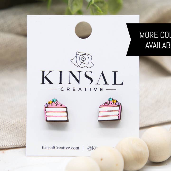 Kinsal Creative - Wholesale Stud/Post Earrings - Cake Slice Wood Stud Earrings0