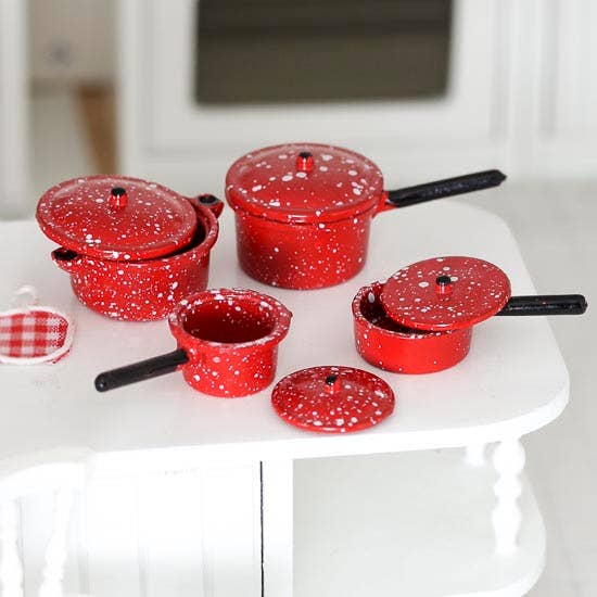Factory Direct Craft - Venta al por mayor Juego de accesorios para muñecas - Niños - Juego de ollas y sartenes en miniatura de casa de muñecas de esmalte rojo