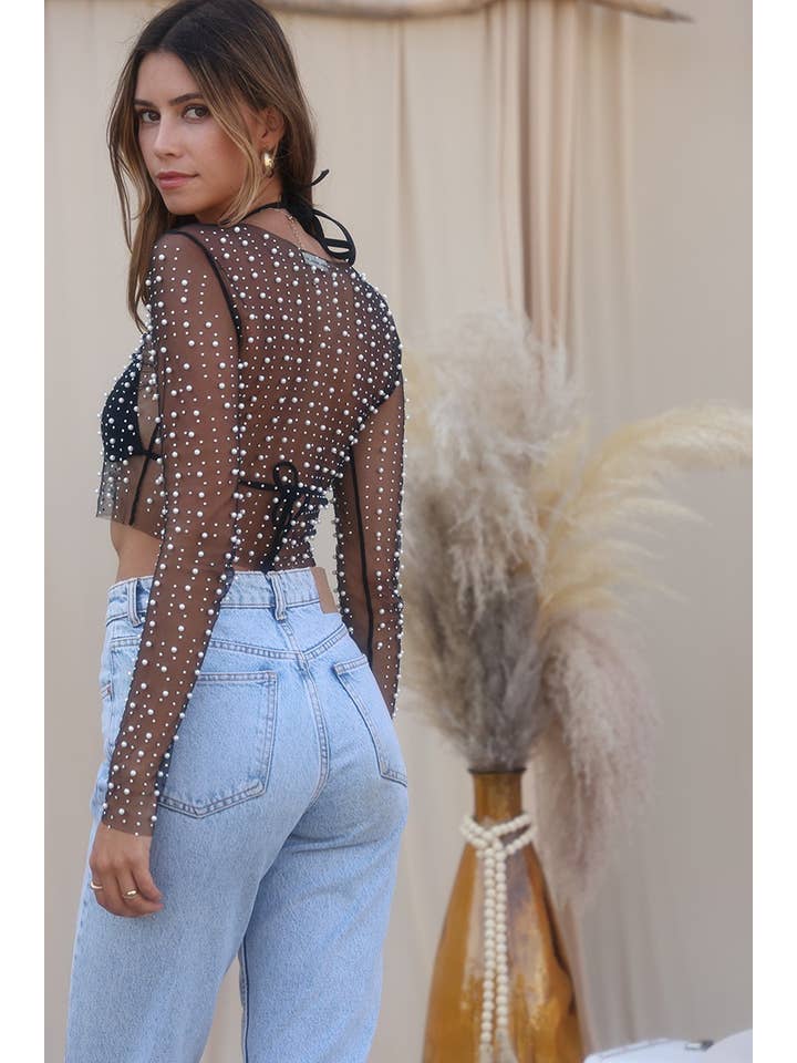 Endless Blu - Wholesale Blouse - Women's - Pearl and Rhinestone Embellished Long Sleeve Mesh Top