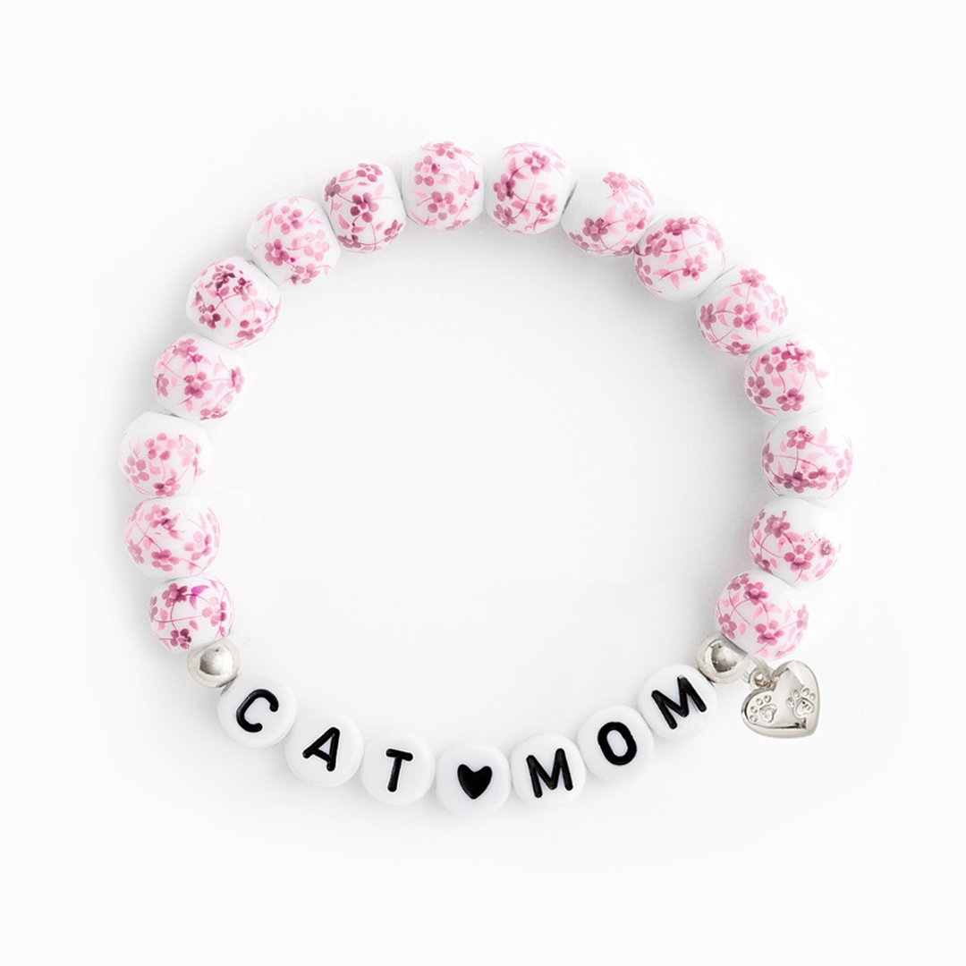 Names For Good - Wholesale Beaded Bracelet - Pink Porcelain Floral Beaded Stretch Bracelet (DOG MOM)4