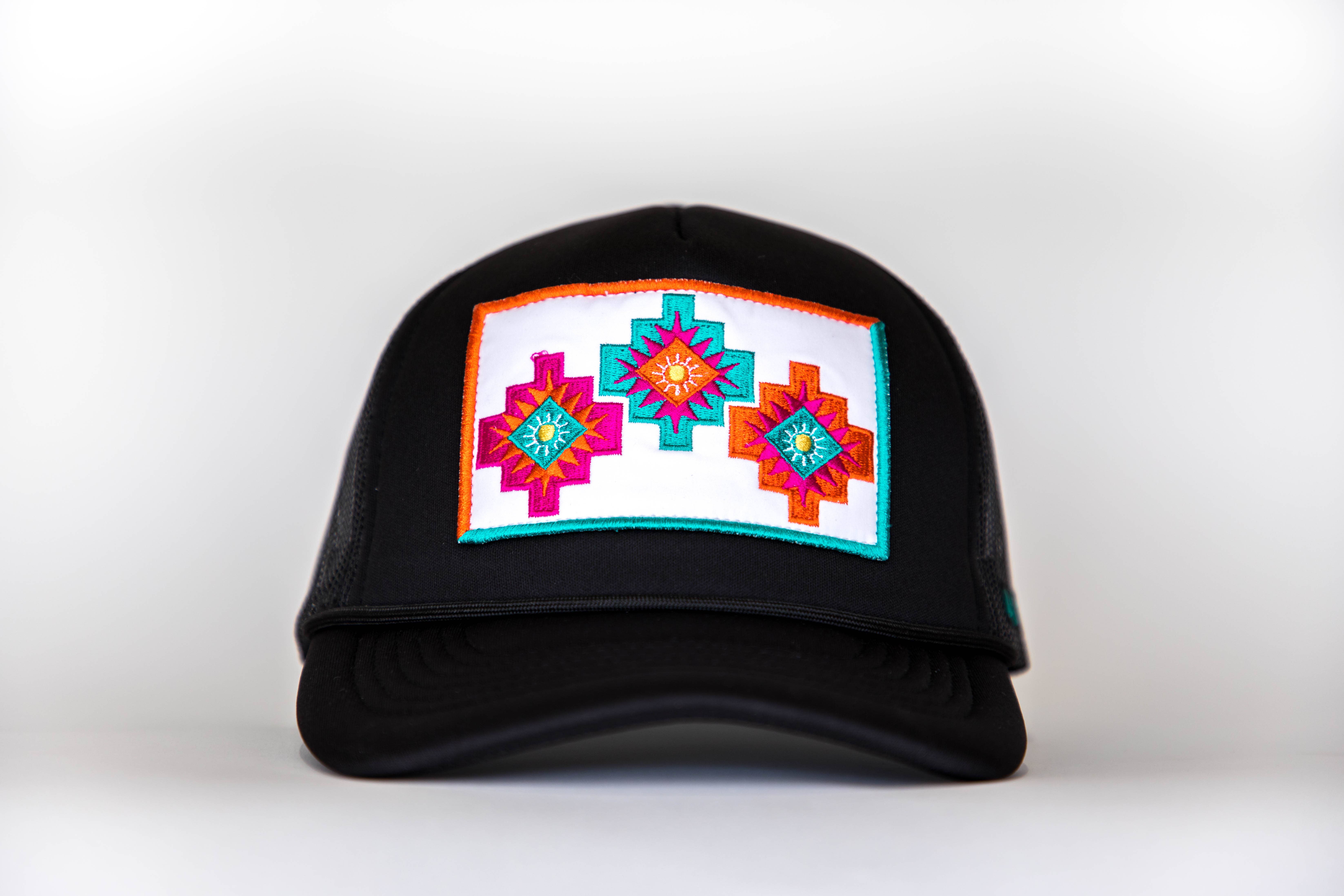West & Co. - Wholesale Trucker Hat - Women's - Black Trucker Cap with 3 Aztec Symbol Embroidered Patch2