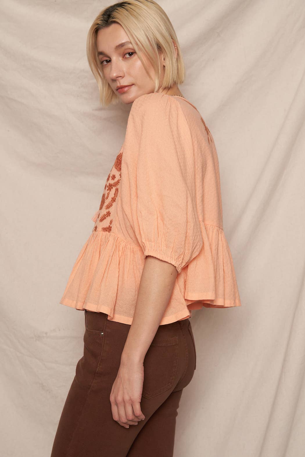 En Crème - Wholesale Blouse - Women's - Puff Sleeve Peplum Top with Embroidery Detail17