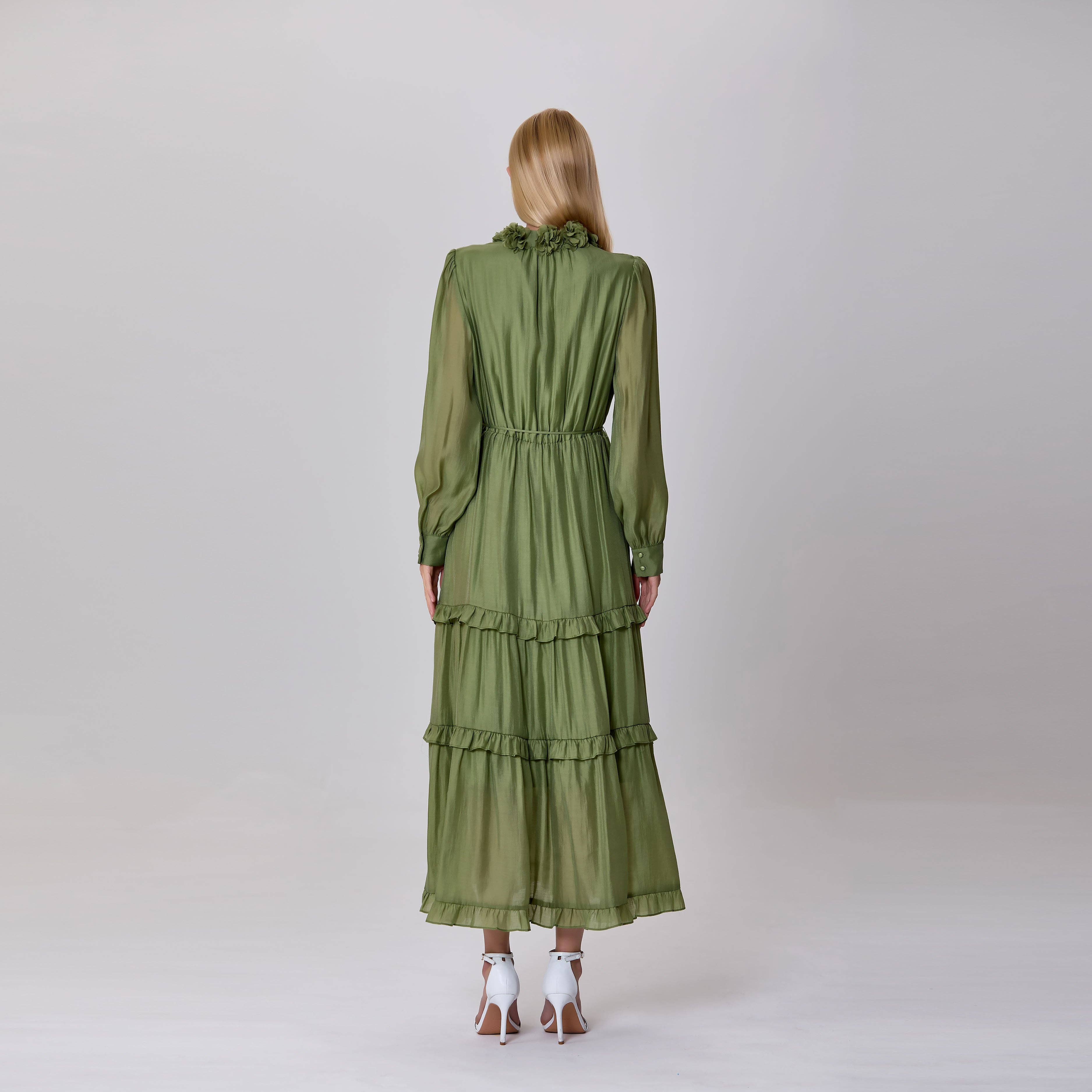 Green Ruffled shirt dress with layered inserts for wholesale on Faire5
