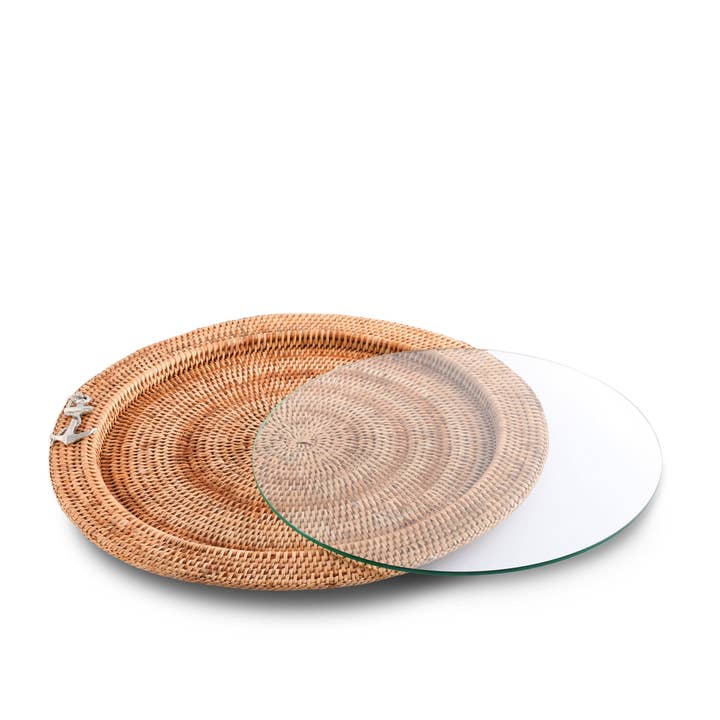 Vagabond House - Wholesale Serving Tray - Anchor Round Serving Tray Hand Woven Wicker Rattan - Glass Insert